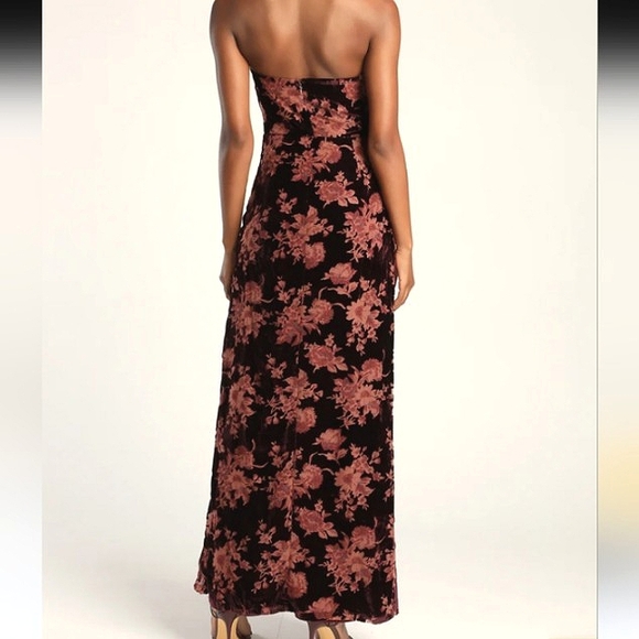 Lulu's Red Wine Floral Burnout Velvet Stapless Maxi Dress - Picture 2 of 12
